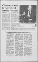 Newspaper clipping headlined, "Clements wants to rid TDC of service veterans," June 10, 1986