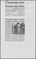 Newspaper clipping headlined, "Clements sets focus on jobs," November 6, 1986
