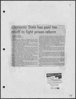 Newspaper clipping headlined, "Clements: State has paid too much to fight prison reform," Houston Chronicle, March 27, 1982