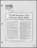 Newspaper clipping headlined, "95,000-Member TSTA Endorses Mark White," August 5, 1982