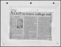 Newspaper clipping headlined, "NAACP to renew college suit," May 6, 1982