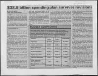 Newspaper clipping headlined, "$38.5 billion spending plan survives revisions," 1987