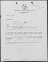 Memo from Bonnie Campbell to George Bayoud regarding return of bronze sculpture, "Texas Longhorn," to Governor's office, March 11, 1987
