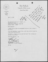 Letter from Bob Bullock to William P. Clements regarding autographed photo, April 2, 1987