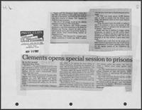 Newspaper clipping headlined, "Clements opens special session to prisons," Henderson Daily News, May 26, 1982