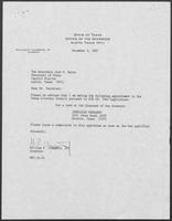 Appointment letter from William P. Clements to Secretary of State, Jack Rains, December 3, 1987