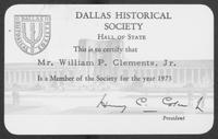 Membership Card for William P. Clements to the Dallas Historical Society, 1973