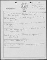 Handwritten notes on breakfast meeting between William P. Clements, Bill Hobby, and Gibson Lewis, March 21, 1989