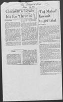 Newspaper Clipping headlined "Clements, Lewis, hit for 'threats' and 'Taj Mahal' lawsuit to get trial, June 14, 1980