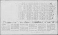 Newspaper clipping headlined "Clements firm about limiting session", May 10, 1982