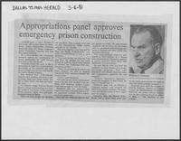 Newspaper clipping headlined, "Appropriation panel approves emergency prison construction," March 4, 1981