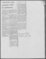 Newspaper clipping headlined, "Clements raps amnesty idea for prisoners," March 23, 1981