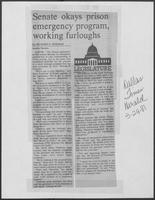 Newspaper clipping headlined "Senate okays prison emergency program, working furloughs" March 24, 1981