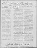 Newspaper clipping headlined "White blames Clements veto," April 21, 1981