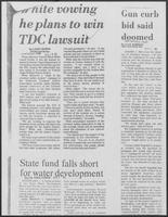 Newspaper clipping headlined "White vowing he plans to win TDC lawsuit," March 29, 1981