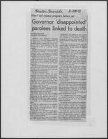 Newspaper clipping headlined "Governor 'disappointed' parolees linked to death", October 24, 1981