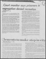 Newspaper clipping headlined, "Court monitor says prisoners in segregation denied recreation," November 18, 1981