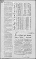 Newspaper clipping headlined "Clements predicts lesser-security prisons," January 28, 1982