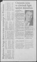 Newspaper clipping headlined, "Clements vows to continue fight against deposition," December 3, 1981
