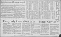 Newspaper clipping headlined "Everybody knew about data - Except Clayton," December 3, 1981