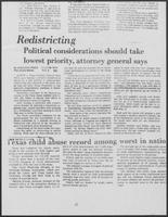Newspaper clipping headlined, "Redistricting Political considerations should take lowest priority, attorney general says," August 5, 1981