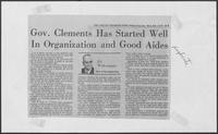 Newspaper clipping headlined "Gov. Clements Has Started Well in Organization and Good Aides," February 4, 1979