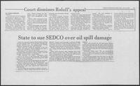 Newspaper clipping headlined, "State to sue SEDCO over oil spill damage", October 18, 1979