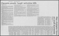 Newspaper clipping headlined "Clements unveils 'tough' anti-crime bills," September 19, 1980