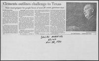Newspaper clipping headlined "Clements outlines challenge to Texas," November 11, 1980