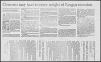 Newspaper clipping headlined, "Clements may have to carry weight of Reagan recession," July 21, 1982