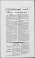 Newspaper clipping headlined, "Clements warns board to keep prisons open," September 29, 1982