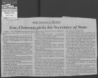 Newspaper clipping headlined "Gov. Clements picks his Secretary of State," August 26, 1979