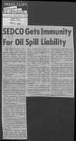 Newspaper clipping headlined "SEDCO Gets Immunity For Oil Spill Liability," September 12, 1979