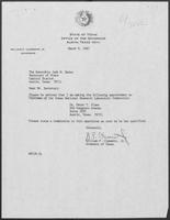 Appointment letter from William P. Clements to Secretary of State, Jack Rains, March 9, 1987