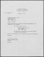 Appointment letter from William P. Clements to Secretary of State, Jack Rains, October 27, 1987