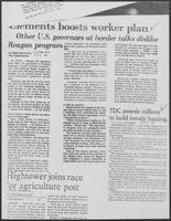 Newspaper clipping titled "Clements boosts worker plan", October 6, 1981