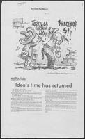 Newspaper clipping headlined, "Idea's time has returned," with cartoon