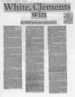 Newspaper clipping headlined "White, Clements win," Dallas Morning News, May 4, 1986