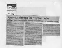 Newspaper clipping headlined, "Governor stumps for Hispanic vote--Clements hears plight of poor Brownsville parishioners on campaign swing," October 26, 1982