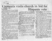 Newspaper clipping headlined, "Clements visits church in bid for Hispanic vote," Brownsville Herald, October 26, 1982