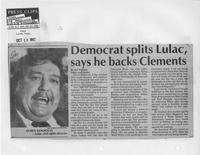 Newspaper clipping headlined, "Democrat splits Lulac, says he backs Clements," October 19, 1982