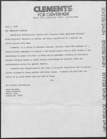 Press release praising Governor Briscoe for "including several of Clements' suggestions" in calling for a special session on tax relief, July 3, 1978
