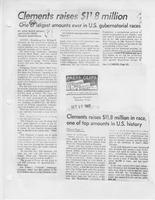 Newspaper clipping headlined "Clements raises $11.8 million-- One of largest amounts ever in U.S. gubernatorial races," October 27, 1982  