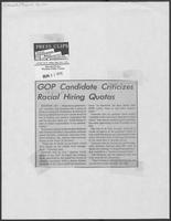 Newspaper clipping headlined, "GOP candidate criticizes racial hiring quotas," June 22, 1978