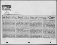 Newspaper clipping headlined, "A bit late, but thanks anyway, Guv," October 22, 1982