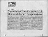 Newspaper clipping headlined, "Clements writes Reagan: lack of peso-dollar exchange serious," October 19, 1982