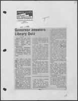 Newspaper clipping headlined, "Governor answers library Quiz," April 15, 1982