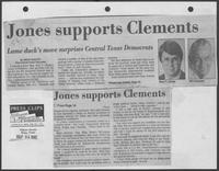 Newspaper clipping headlined, "Jones supports Clements--Lame duck's move surprises Central Texas Democrats," September 24, 1982