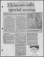 Newspaper clipping headlined "Clements calls special session--jobless fund near bankruptcy," August 27, 1982
