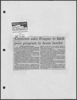 Newspaper clipping headlined "Clements asks Reagan to back peso program to boost border," October 20, 1982